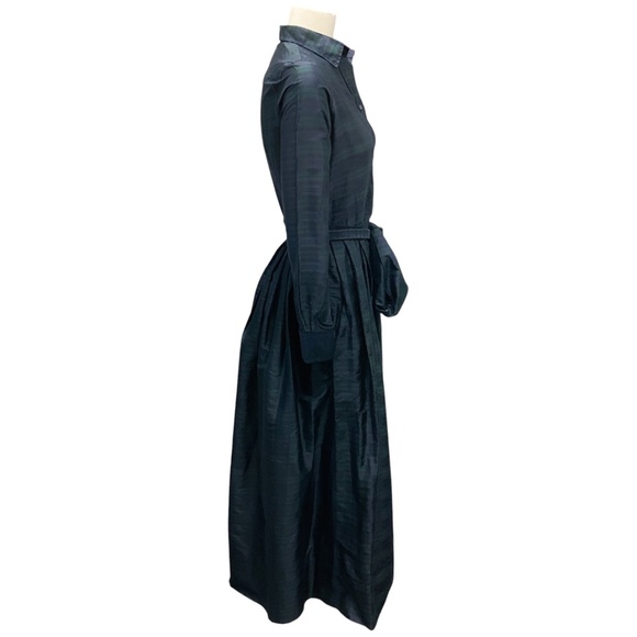 ANN MASHBURN NAVY / GREEN BLACKWATCH SILK SHANTUNG CLASSIC SHIRTWAIST MAXI DRESS - Picture 2 of 5
